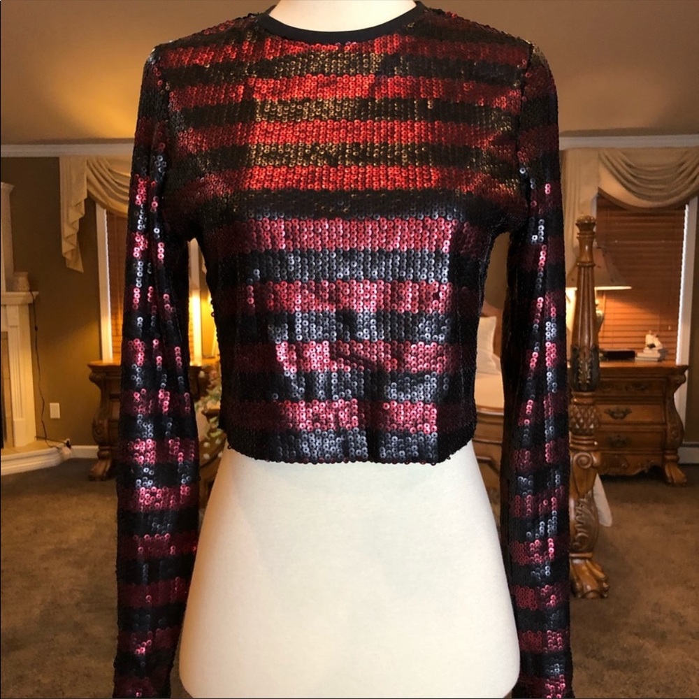Zara Red & Black Striped Sequin Top